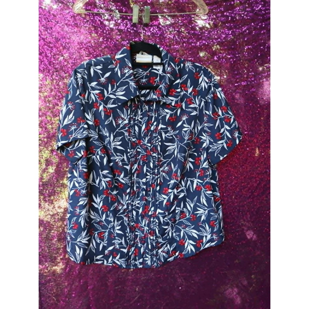 Navy Floral Blouse 16W Alfred Dunner Women Pleated Front Short Sleeve Top